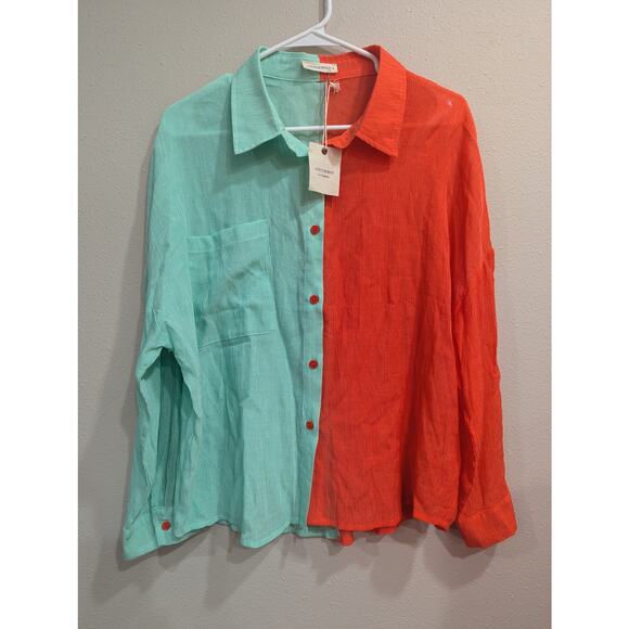 Olo & coral color blocked collared long sleeve button up shirt by Andthewhy, M - Picture 1 of 6